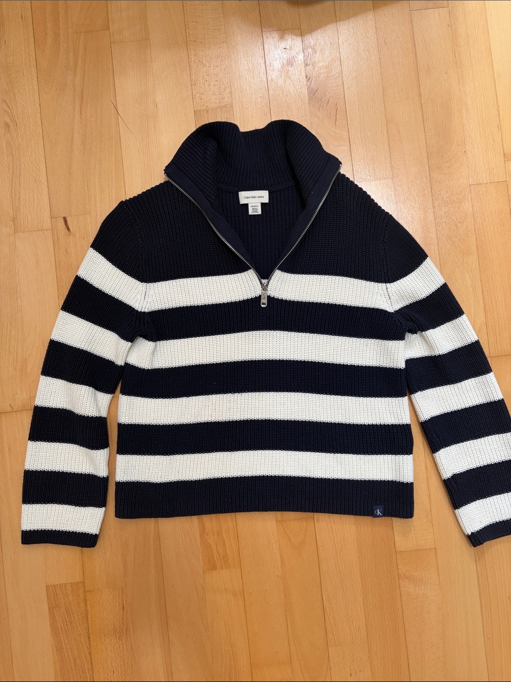 Calvin Klein Navy and White Striped Half-Zip Sweater